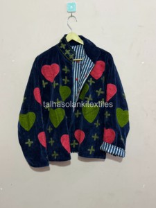 <b>Velvet</b> Embroidered Jacket <b>Women</b> Mandarin Collar Full Sleeve Heart Applique Autumn <b>Coat</b> Handmade Design - Product Image 3