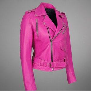 แจ็คเก็ตผู้หญิงสีชมพูพิมพ์โลโก้ RTS รุ่นใหม่ล่าสุด แจ็คเก็ตวินเทจ แจ็คเก็ตหนังแท้ทรงบอมเบอร์คลาสสิคสำหรับฤดูหนาว สไตล์สตรีทแวร์ - Product Image 2