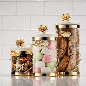 Modern Luxury <b>Glass</b> Spice Jars with Gold Leaf Design Airtight Metal Lids Stackable Kitchen <b>Storage</b> <b>Containers</b> - Product Image 2
