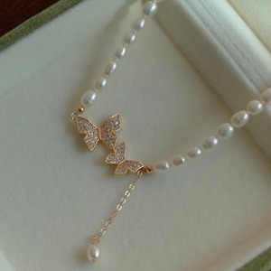 High Quality Freshwater <b>Pearl</b> <b>Choker</b> Necklace with Double Butterfly Tassel Pendant Natural Strong Light Fashionable Accessory - Product Image 4