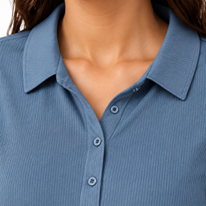 Ensemble décontracté deux pièces pour femme : haut côtelé à col polo et manches courtes, pantalon large à cordon de serrage - Product Image 2