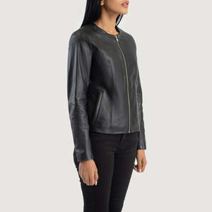 Blouson de moto pour femme style motard Flashback en cuir véritable avec fermeture éclair, col ouvert, couleur unie, coupe-vent en polyester - Product Image 2