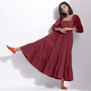 Women <b>Boho</b> Cotton Linen Plain Maxi <b>Dress</b> Square Neck 3/4 Sleeve Loose Fit Casual <b>Summer</b> Long <b>Dress</b> - Product Image 3
