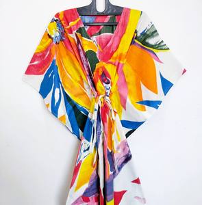 Vestido Kaftán de Algodón Puro con Encaje para Mujer - Estampado Floral Vintage, Ligero, Corte A, Holgado, Ideal para Playa y Descanso de Verano - Product Image 1