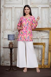 Túnica y Top de Algodón Estampado Rosa para Mujer, Cuello en V, Manga Larga, Completamente Cosido, Cómodo, Informal y Elegante - Product Image 3