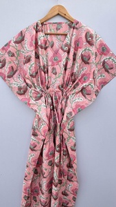 New Print V-neck Drawstring Closure Short Sleeve Elegant Fit Flare <b>Kaftan</b> Indian Soft Cotton Summer Full Cotton Print <b>Kaftan</b> - Product Image 3