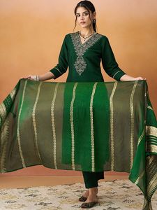 Green Embroidered Silk <b>Kurta</b> Set With Pants & Dupatta Women Casual Wear Traditional <b>Indian</b> Pakistani Style Knee Length Regular - Product Image 3