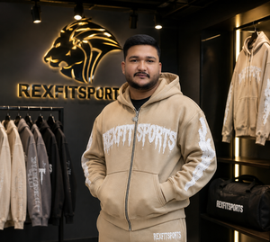 REXFITSPORTS 2026 Sweat à capuche zippé intégral pour homme, beige, avec motif, 280-300 GSM, en coton et polyester molletonné, streetwear personnalisé - Product Image 6