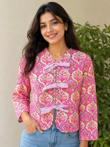 Handmade <b>Quilted</b> Cotton <b>Jacket</b> <b>Women</b> Block Print Floral Tie Front <b>Jacket</b> <b>Lightweight</b> Boho Casual Layering Coat Ethnic Outerwear - Product Image 1