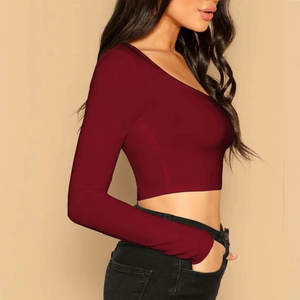 Haut court moulant à col profond pour femme, manches longues, look unique, tenue tendance, t-shirt basique à manches longues pour femme - Product Image 3