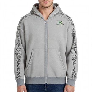 Custom <b>Grey</b> Urban Chill Calligraphy Sleeve Print Zip Up Hoodie <b>Men's</b> Streetwear Fleece <b>Sweatshirt</b> Embroidered Logo OEM Wholesale - Product Image 2