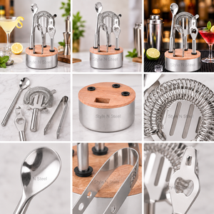 Juego de Herramientas de Bar Modernas de Acero Inoxidable, Kit Mezclador de Cócteles con Base de Madera para Bar en Casa - Product Image 3
