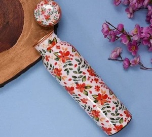 Botella de Agua de Cobre Puro con Estampado Floral Esmaltado, 1000 ml, Botella Decorativa Hecha a Mano, Artículos de Bebida de Cobre de Primera Calidad - Product Image 1