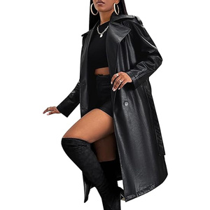 New Wholesale Custom Women's Black Lambskin Leather Coat Extra Long Length Best Collar Split Back Overcoat For Women - Product Image 4