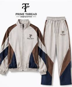 Wholesale Price Unisex Tracksuit Set Color Blocking Full Zip Stand Collar <b>Men</b> Autumn Wear Stone Washed <b>Pullover</b> Sweat pant Suits - Product Image 1