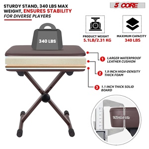 5 Core Keyboard <b>Bench</b> 3 Inch <b>Padded</b> Piano Stool Adjustable 20.5" Guitar Seat Heavy Duty Portable - Product Image 4