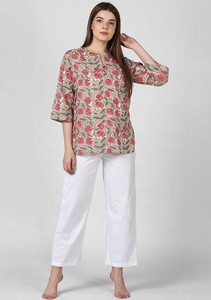 Traje de noche lavable ecológico para mujer Pijama blanco sólido Beige Rosa Estampado floral Aspecto increíble Bloque de mano Impreso - Product Image 2