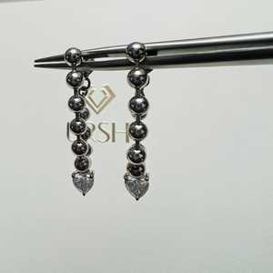 Custom 925 <b>Silver</b> Heart Diamond Chain Hoop Earrings 0.40ctw Ball Beaded Loop Dangling Drop Charm Pair Fine <b>Huggie</b> Bridal Jewelry - Product Image 2