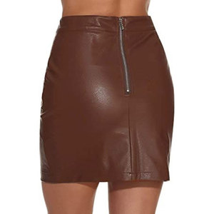 Women's <b>Brown</b> Faux Leather High Waist Mini <b>Pencil</b> <b>Skirt</b> Shiny Solid Design All Seasons Sexy Style - Product Image 4
