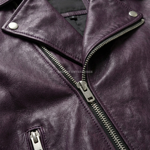 Blouson de motard en cuir violet personnalisé pour homme, manteau en peau de mouton véritable vieilli, fermeture éclair asymétrique, fournisseur de vêtements de moto en gros - Product Image 6
