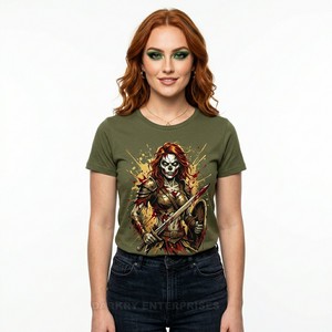 Camiseta de Alta Calidad para Mujer con Diseño Gótico de Calavera y Rosa, Arte Floral de Esqueleto, Verde Oliva, Personalizada, Estilo Punk Rock - Product Image 5