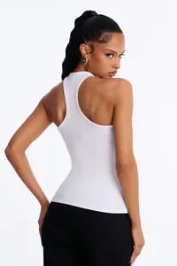 White Square Neck Knitted Tank <b>Top</b> <b>Plus</b> <b>Size</b> Breathable Casual Eco-Friendly Front Logo Minimalist Style Autumn Wear for Women - Product Image 2