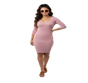 Robe moulante côtelée pour femme, col en V, manches longues, coupe ajustée, longueur genou, style décontracté streetwear, couleur unie, tenue en tricot, élégante pour l'hiver - Product Image 1