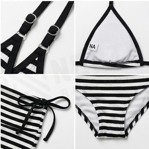 Women's Striped Ribbed <b>Bikini</b> <b>Set</b> Halter Top With Drawstring Shorts Swimwear Two Piece Beachwear - Product Image 4