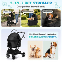 Poussette 3-en-1 pour chien et chat avec panier amovible, pliage en une seule étape, capote sans fermeture éclair et compartiment spacieux pour animaux