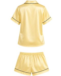 Conjunto de pijama de satén amarillo pastel para mujer, ropa de dormir de seda de lujo, traje de noche con botones, ropa de descanso suave de manga corta. - Product Image 2