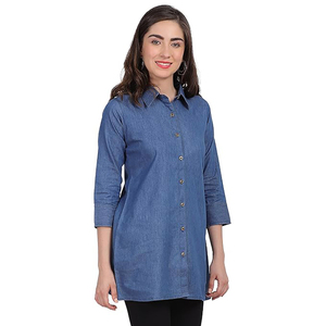 Chemise Western de Haute Qualité pour Femme, Style Cowgirl, Élégante, Manches Longues, Couleur Bleu Foncé Uni, Boutonnée, en Denim, Blouse pour Femme - Product Image 1