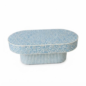 Factory Customized Luxury Bone Inlay <b>Coffee</b> <b>Table</b> Handcrafted Blue Floral <b>Oval</b> Center <b>Table</b> With Striped Base Living Room Decor - Product Image 1