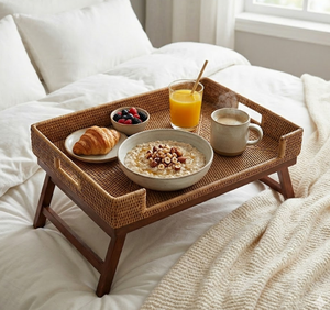 Bandeja de Servicio de Mimbre Hecha a Mano con Patas Plegables de Madera, Mesa Rectangular de Mimbre con Asas Integradas, Hecha en Vietnam - Product Image 4