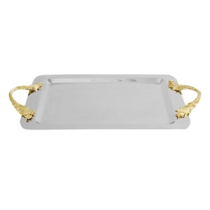 Fancy Design <b>Large</b> Size Food Serving <b>Tray</b> Premium Quality Silver Metal <b>Tray</b> With Featuring Ornate Gold Handles For Best Sale - Product Image 1