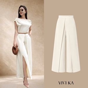 Women's Cream Polyester Spandex Wide Leg <b>Split</b> Pants Casual Office High Waist Designer <b>Trousers</b> Fashion Pants ELOWEN - Product Image 1