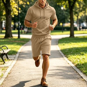 Ensembles de survêtements décontractés pour hommes 2027 OEM personnalisés en gros – 2 pièces : sweat à capuche à manches courtes et short avec poches - Product Image 3