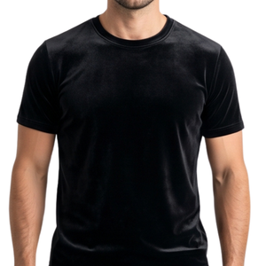 Camiseta de Hombre en Terciopelo Arrugado Color Gris Plateado con Dobladillo Curvo, Manga Corta, Estilo Urbano, Tela Brillante de Lujo - Product Image 4