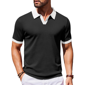 Chemise décontractée pour homme en coton tricoté noir à manches courtes, respirante, avec logo brodé sur le devant, col et poignets blancs - Product Image 1