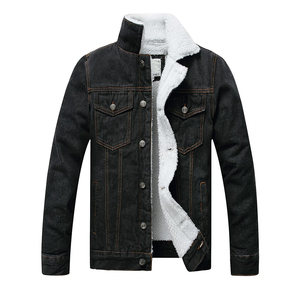 <b>Men's</b> Black <b>Denim</b> <b>Jacket</b> With Sherpa Lining Stand Collar Windproof Winter Casual Coat Regular Fit Button Closure - Product Image 1