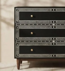 Handcrafted <b>Black</b> Bone Inlay Nightstand 3 Drawer Geometric <b>Bedside</b> <b>Table</b> for Home Decoration - Product Image 2