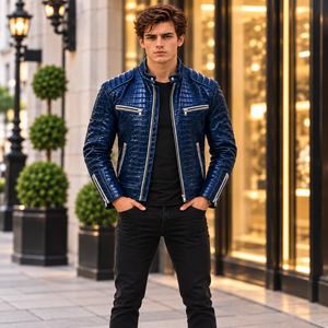 <b>Mens</b> <b>Blue</b> for Embossed Leather Breathable Winter Slim Fit Motorcycle Jacket OEM Luxury Fashion Outerwear Wholesale - Product Image 1