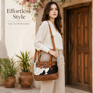 Western Hair-On Cowhide Leather Handbag Hand Tooled Floral Shoulder Bag Genuine Leather Crossbody <b>Purse</b> Women Travel Tote bag - Product Image 3