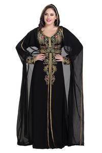 Az Creation Abaya Kaftan Maxi Robe en Soie Noire Brodé à Manches Longues Col en V Motif Floral Bleu Marine pour Soirée - Product Image 2