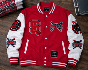 แจ็คเก็ตเบสบอลแบบ Varsity สีแดงขาวสั่งทำพิเศษ พรีเมียม ทำจากผ้าขนสัตว์ พร้อมป้ายปัก  ผู้ผลิตแบบ OEM/ODM - Product Image 6
