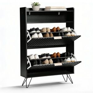 Two-Compartment Shoe Cabinet with Slatted Front and <b>Side</b> Panels Top Flip-Up Lids High Legs Two Hooks Shoe Racks - Product Image 1