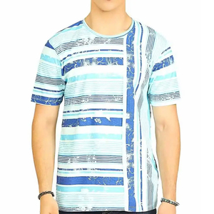 เสื้อยืดลำลองสีน้ำเงินลายกราฟิกหลายแถบสำหรับผู้ชาย ปรับแต่งได้ เนื้อผ้าฝ้ายนุ่ม ระบายอากาศดี เหมาะสำหรับใส่ทุกวัน เสื้อยืดแบบซับลิเมชั่น - Product Image 1