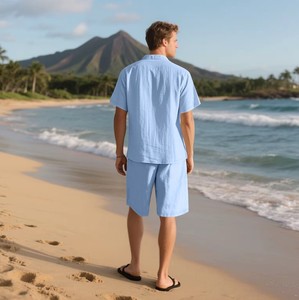 American-style Summer Suit Men's Short-sleeved Short Pants Linen Beach Casual Short-sleeved Shirt <b>Set</b> - Product Image 6
