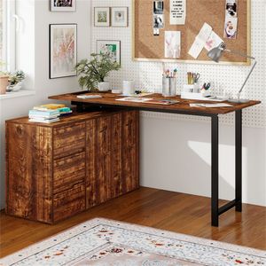 <b>Rustic</b> Brown Reversible L Shaped Home Office <b>Desk</b> with Charging Station Drawers and File Cabinet - Product Image 2