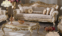 Set Sofa Kayu Jati Ukiran Tangan Gaya Modern Eropa, Finishing Metalik Emas Antik, Furnitur Ruang Tamu Tahan Lama, Dijual