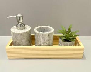 Plateau de rangement rectangulaire en bois, distributeur de savon en marbre, gobelet, table, design moderne et luxueux, compatible lave-vaisselle, utilisation multifonctionnelle - Product Image 1